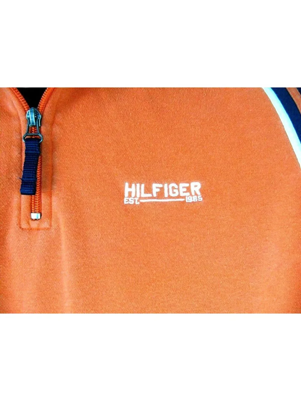 Tommy Hilfiger XL Orange Navy Blue Quarter Zip Fleece Pullover Sweatshirt 24x29